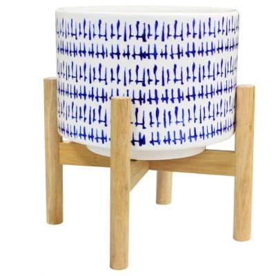 La Jolíe Muse Ceramic Decorative Indoor Plant Pot with Wood Stand, Blue and White