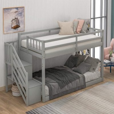 OSW Low Bunk Bed Frame Pine with Stair Storage