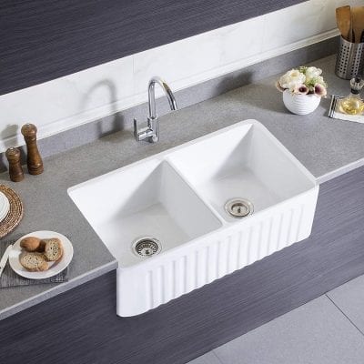 DeerValley White Double Basin Front Porcelain Bowl Kitchen Sink